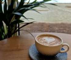 coffee with love heart latte art with frampton marsh nature reserve outside window of cafe